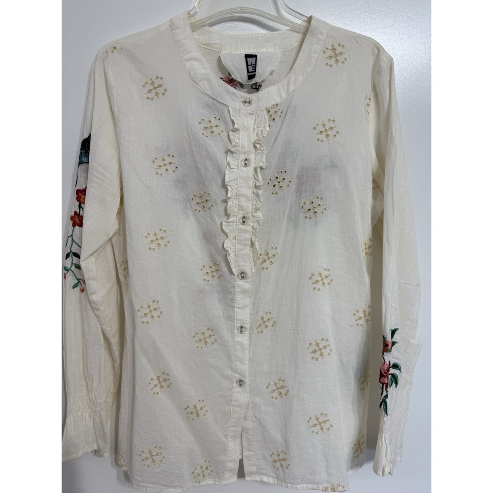 We Women Button Up Ivory Blouse With Embroidered Birds‎ Eyelet Ruffle Front
